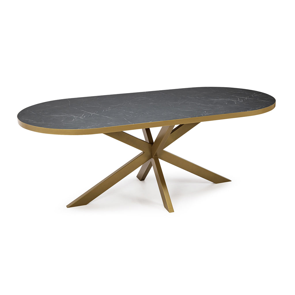 Stalux Plat ovale eettafel 'Noud' 240 x 100, kleur goud / zwart marmer